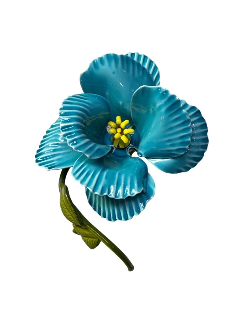 Blue Enamel Flower Brooch Pin Yellow Center Green Leaf Details Retro Vintage
